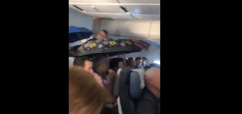 I passeggeri del volo russo aprono gli ombrelli piove ne aereo