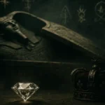 Antico sarcofago avvolto da oscurità con oggetti preziosi intorno