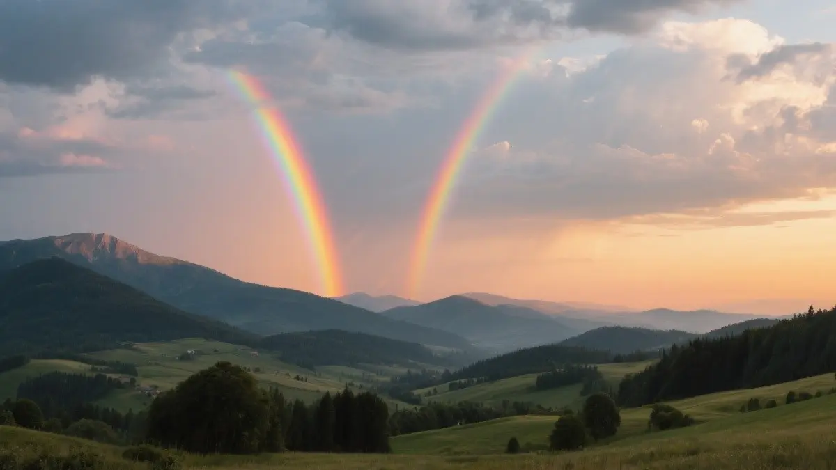 Arcobaleno doppio visibile sopra una vallata al tramonto