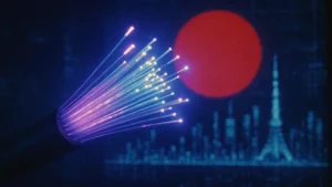Cavo in fibra ottica con luce al plasma blu che simboleggia la trasmissione dati ad alta velocità