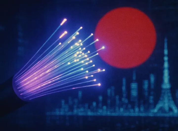 Cavo in fibra ottica con luce al plasma blu che simboleggia la trasmissione dati ad alta velocità