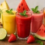 Cinque bicchieri di smoothie estivi detox colorati su un tavolo di legno
