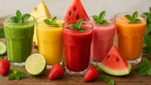 Cinque bicchieri di smoothie estivi detox colorati su un tavolo di legno
