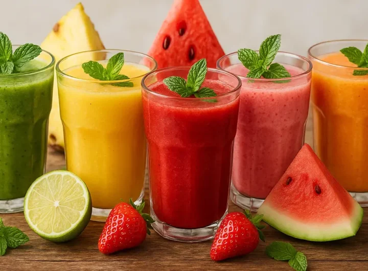 Cinque bicchieri di smoothie estivi detox colorati su un tavolo di legno