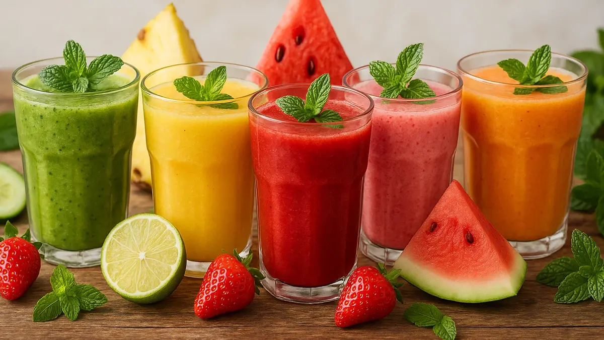 Cinque bicchieri di smoothie estivi detox colorati su un tavolo di legno