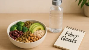 Ciotola con legumi verdure e cereali integrali disposti su un tavolo