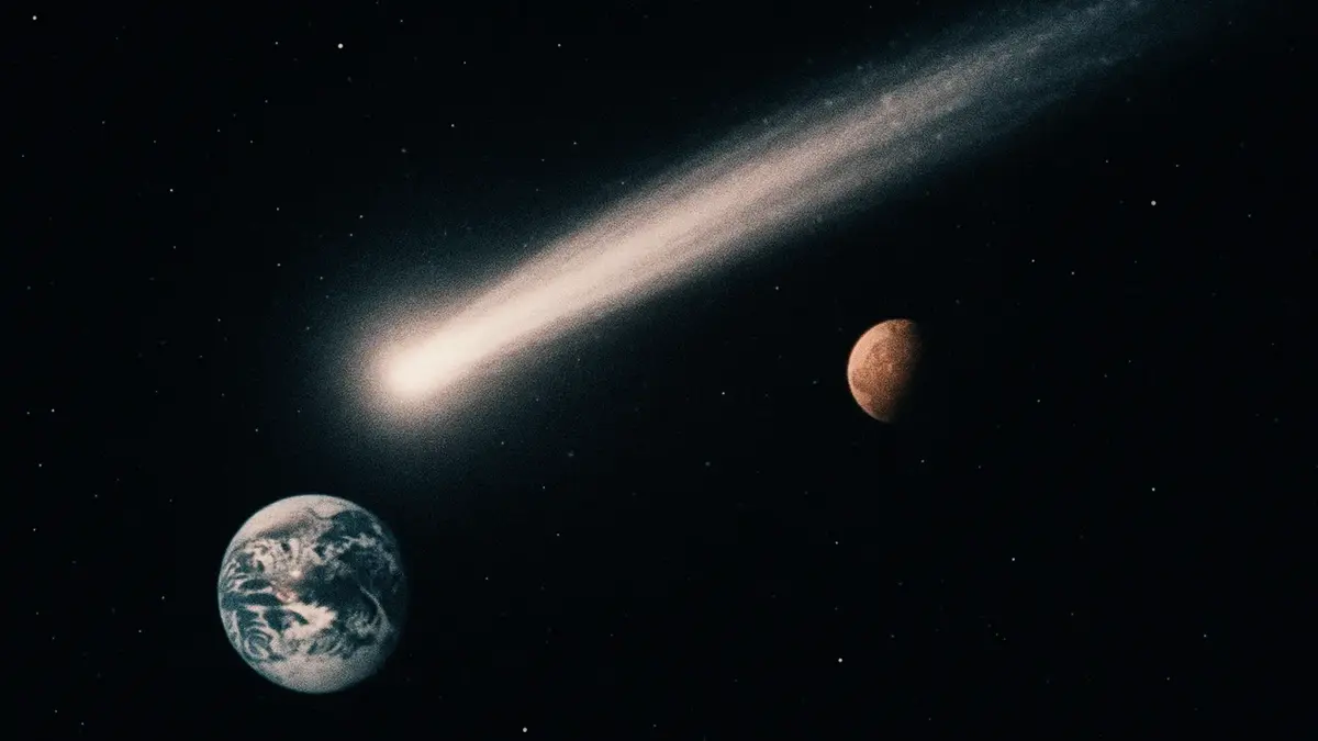 Cometa luminosa con coda visibile nello spazio profondo