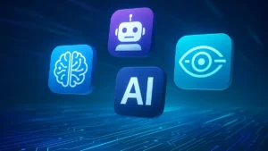 Diverse icone di app fluttuanti su uno sfondo astratto che mostra circuiti e linee luminose