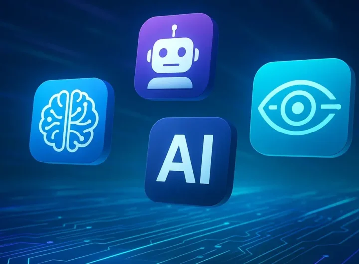 Diverse icone di app fluttuanti su uno sfondo astratto che mostra circuiti e linee luminose