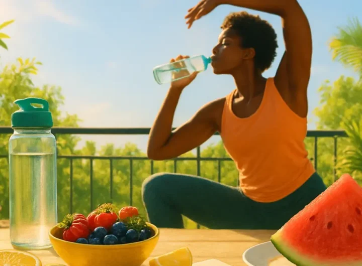 Donna sorridente che beve acqua e fa stretching aperto in estate