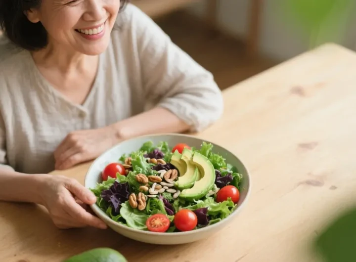 Donna sorridente che mangia insalata fresca con verdure