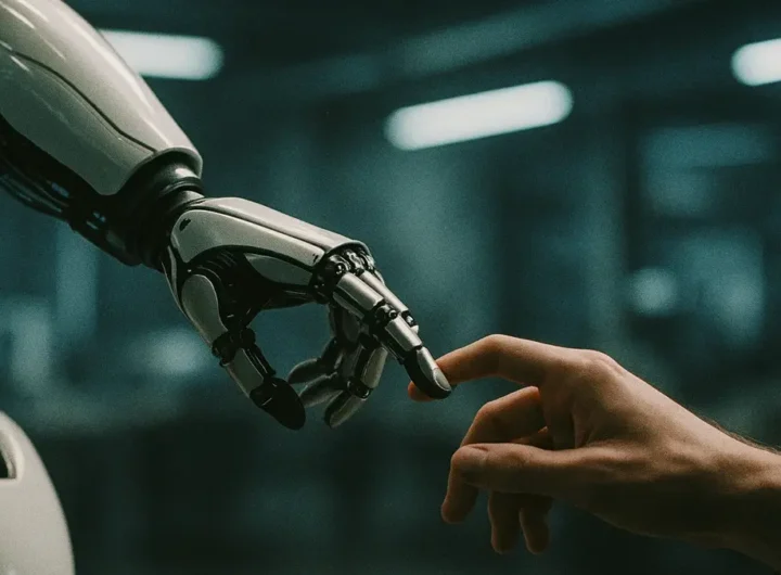 Due mani una umana e una robotica che si stringono in un gesto di collaborazione