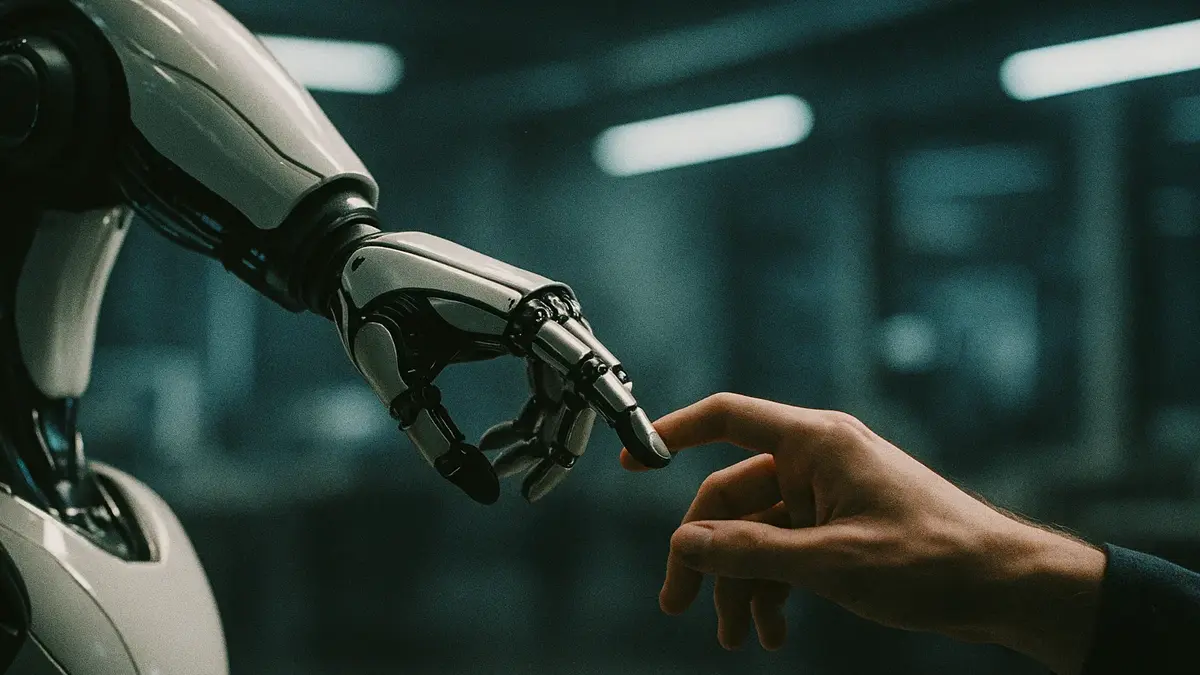 Due mani una umana e una robotica che si stringono in un gesto di collaborazione