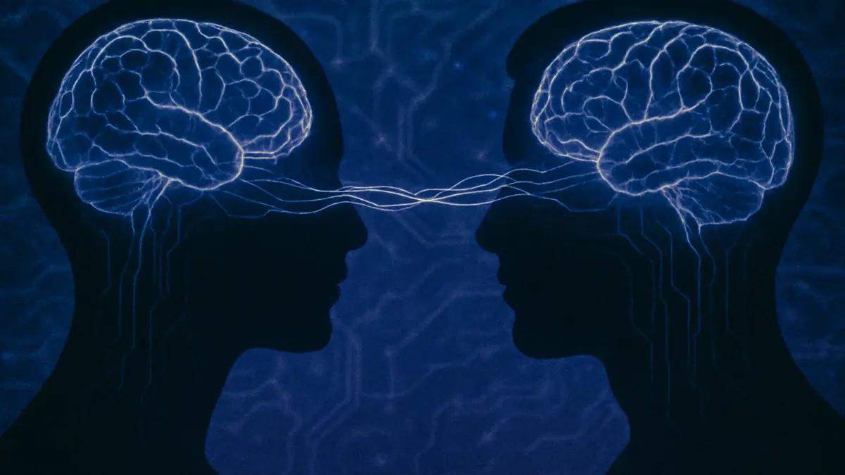 Due profili di teste umane stilizzate con fasci di luce che collegano i loro cervelli