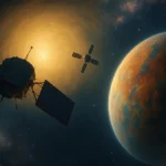 Due veicoli spaziali stilizzati che si muovono attraverso lo spazio profondo