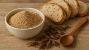 Farina di grillo in ciotola accanto a grilli interi e pane artigianale su fondo naturale