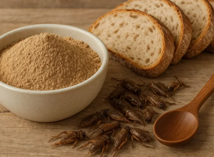 Farina di grillo in ciotola accanto a grilli interi e pane artigianale su fondo naturale