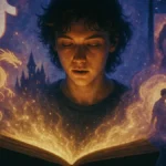 Giovane lettore immerso in un libro con illustrazioni che sfumano da un drago e un castello a una coppia che si abbraccia