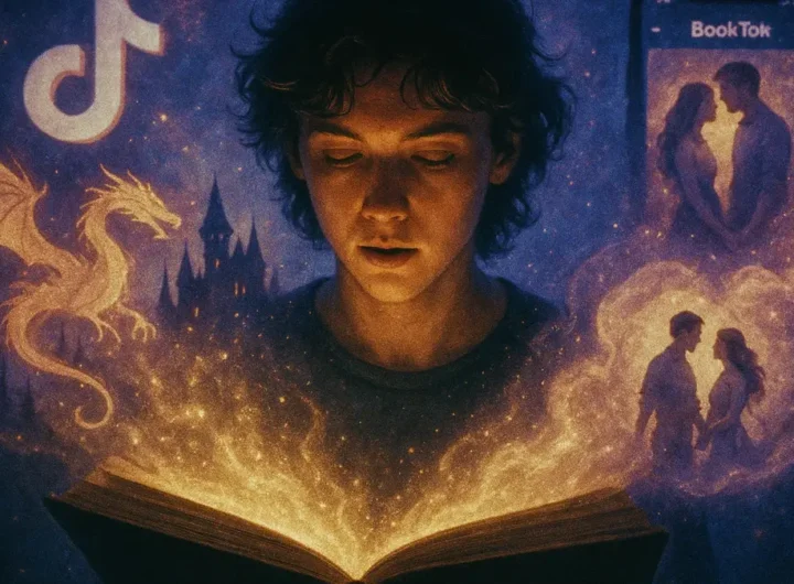 Giovane lettore immerso in un libro con illustrazioni che sfumano da un drago e un castello a una coppia che si abbraccia