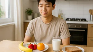Giovane studente seduto a tavola con colazione sana davanti e sguardo rilassato