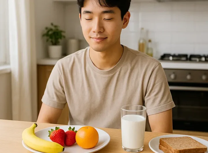 Giovane studente seduto a tavola con colazione sana davanti e sguardo rilassato