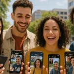 Giovani italiani che ridono e interagiscono con i loro smartphone
