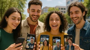 Giovani italiani che ridono e interagiscono con i loro smartphone