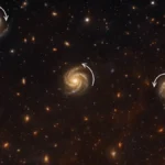 Illustrazione concettuale di galassie primordiali che ruotano in direzioni differenti