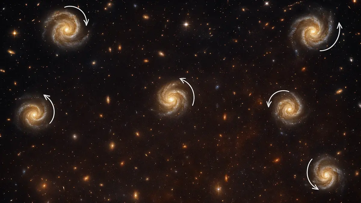 Illustrazione concettuale di galassie primordiali che ruotano in direzioni differenti