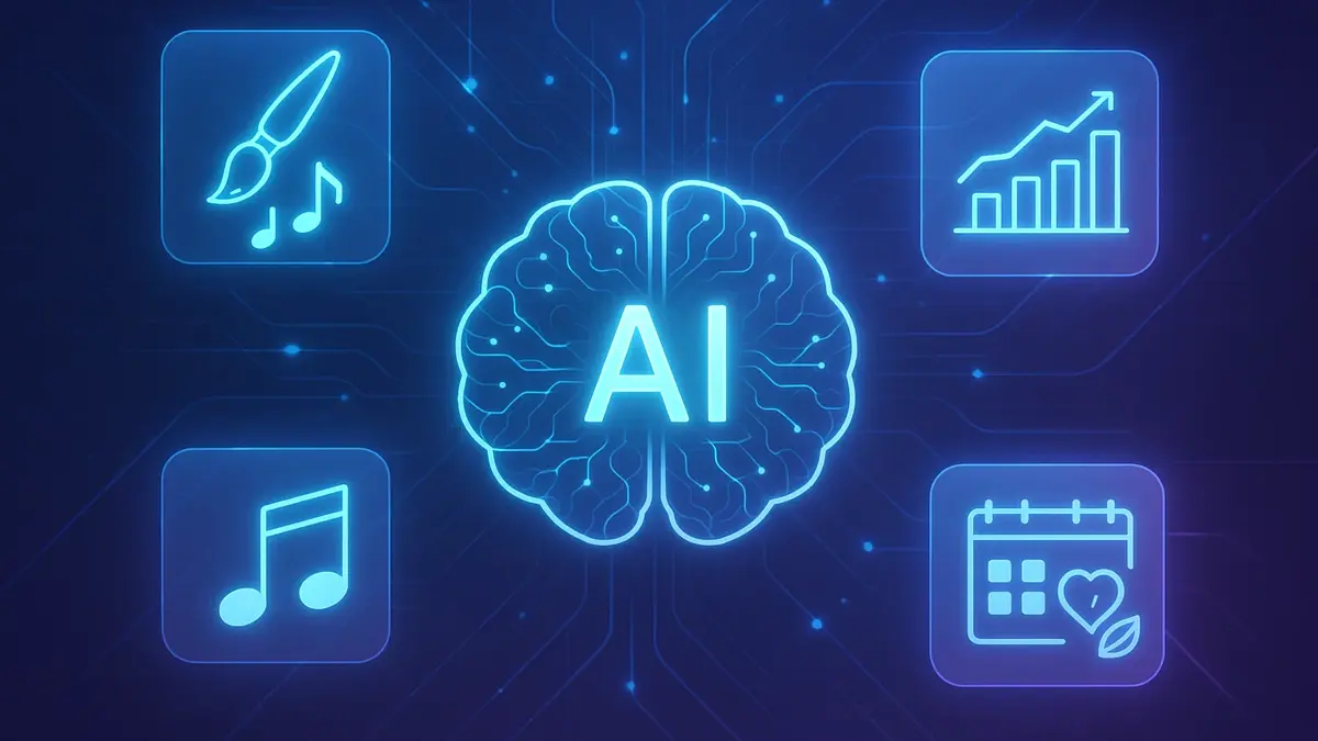 Illustrazione concettuale di intelligenza artificiale futuristica che si connette a icone di produttività