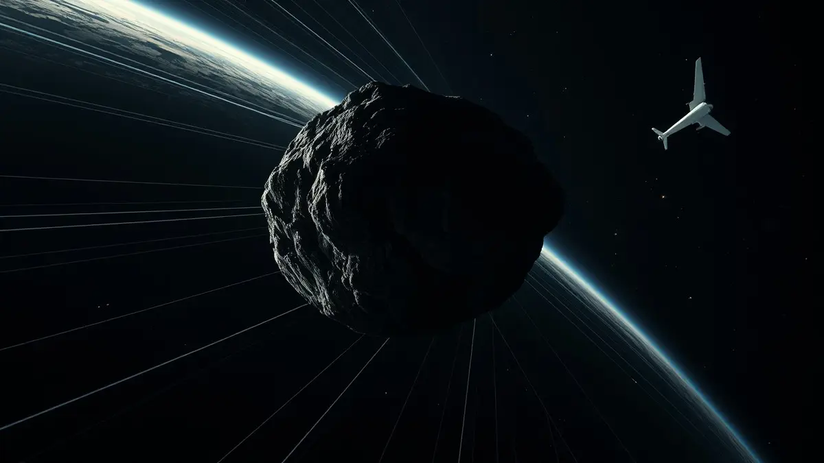 Illustrazione di un asteroide delle dimensioni di un aereo che passa vicino alla Terra