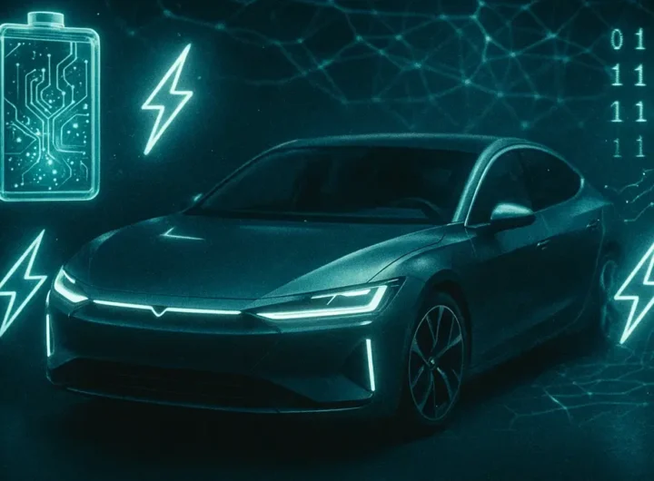 Immagine futuristica di un auto elettrica con dettagli che evidenziano una batteria avanzata