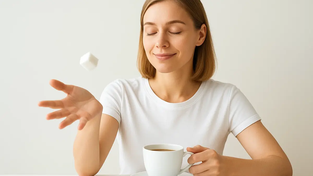 Mani che scartano un cubo di zucchero da una tazza di caffè o tè