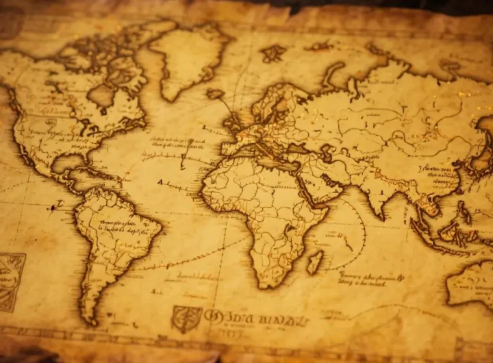 Mappa antica su pergamena con linee nautiche e disegni di terre sconosciute