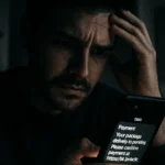 Persona al computer che riceve un SMS truffaldino sullo smartphone