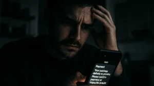 Persona al computer che riceve un SMS truffaldino sullo smartphone