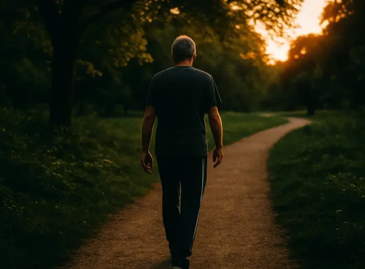 Persona che cammina in un parco al tramonto