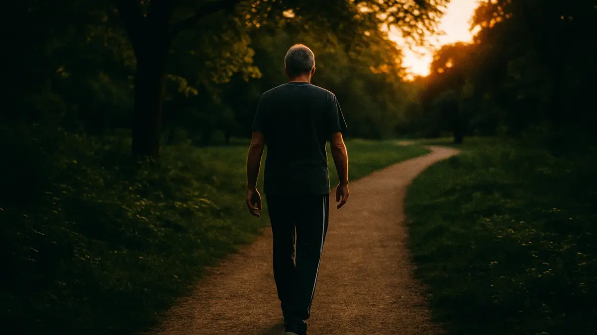 Persona che cammina in un parco al tramonto