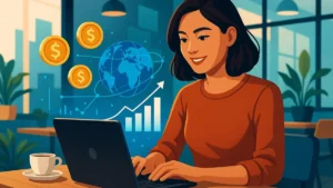 Persona che lavora al laptop, con elementi digitali che rappresentano opportunità di guadagno online e successo finanziario