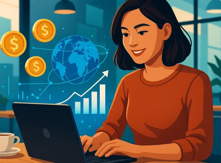 Persona che lavora al laptop, con elementi digitali che rappresentano opportunità di guadagno online e successo finanziario
