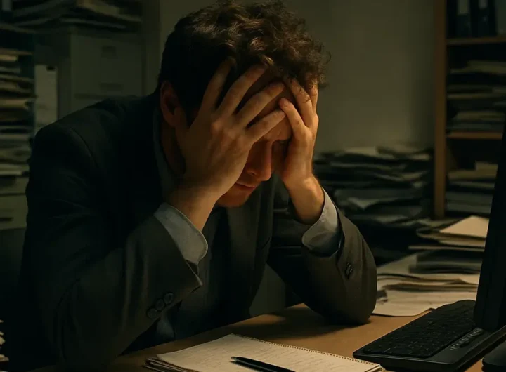 Persona con il viso tra le mani seduta a una scrivania disordinata in un ufficio poco illuminato