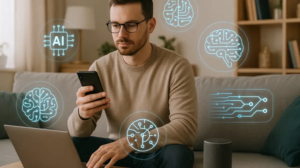 Persona immersa nella vita quotidiana con elementi digitali invisibili