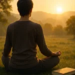Persona seduta in meditazione alba circondata dalla natura