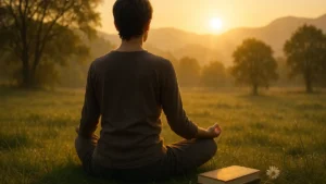 Persona seduta in meditazione alba circondata dalla natura