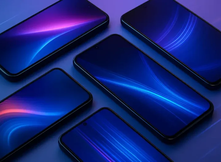 Primo piano di diversi smartphone di ultima generazione allineati