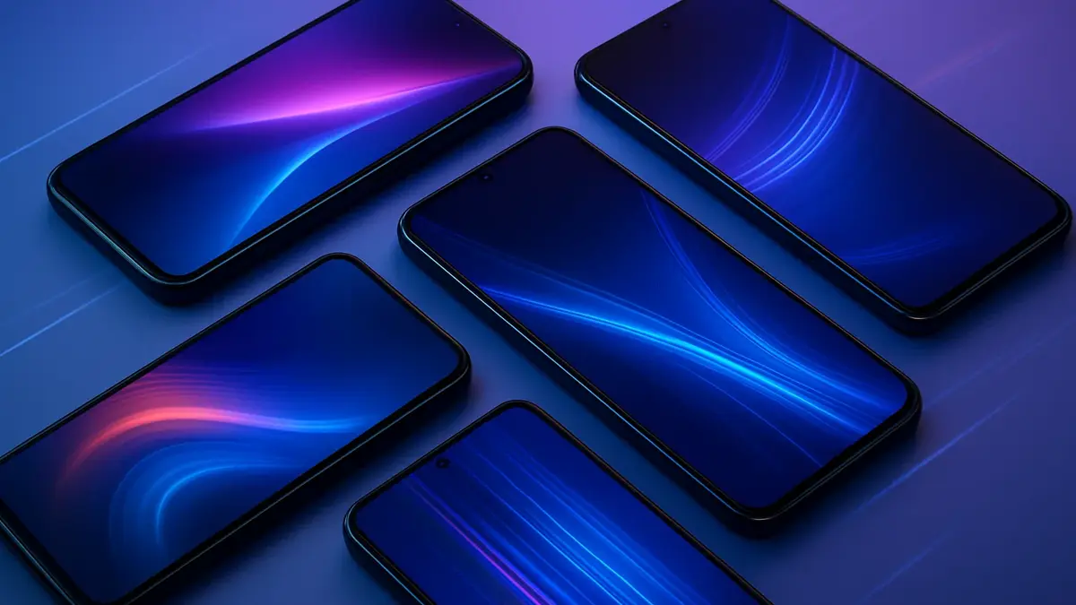 Primo piano di diversi smartphone di ultima generazione allineati