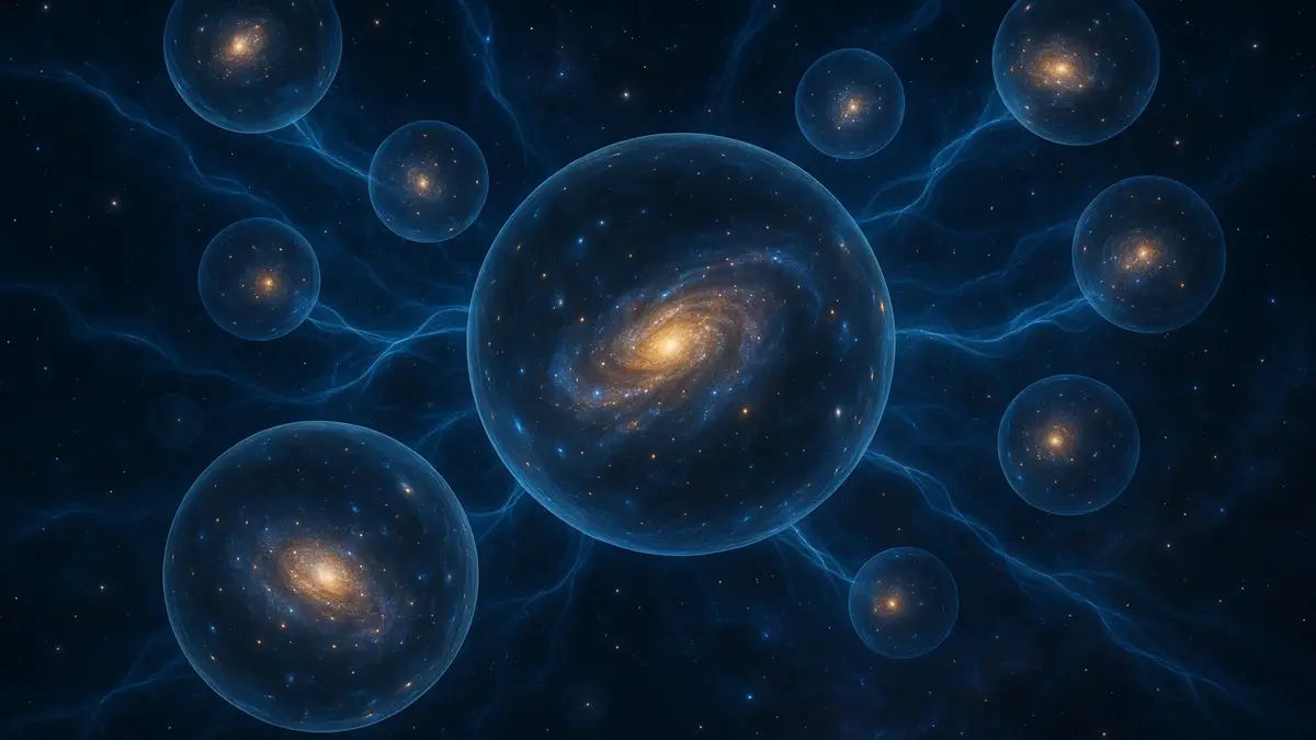 Rappresentazione artistica di più universi sovrapposti o connessi tra loro nello spazio