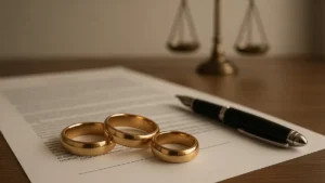 Rappresentazione concettuale di tre anelli nuziali su un documento legale con bilancia della giustizia sullo sfondo