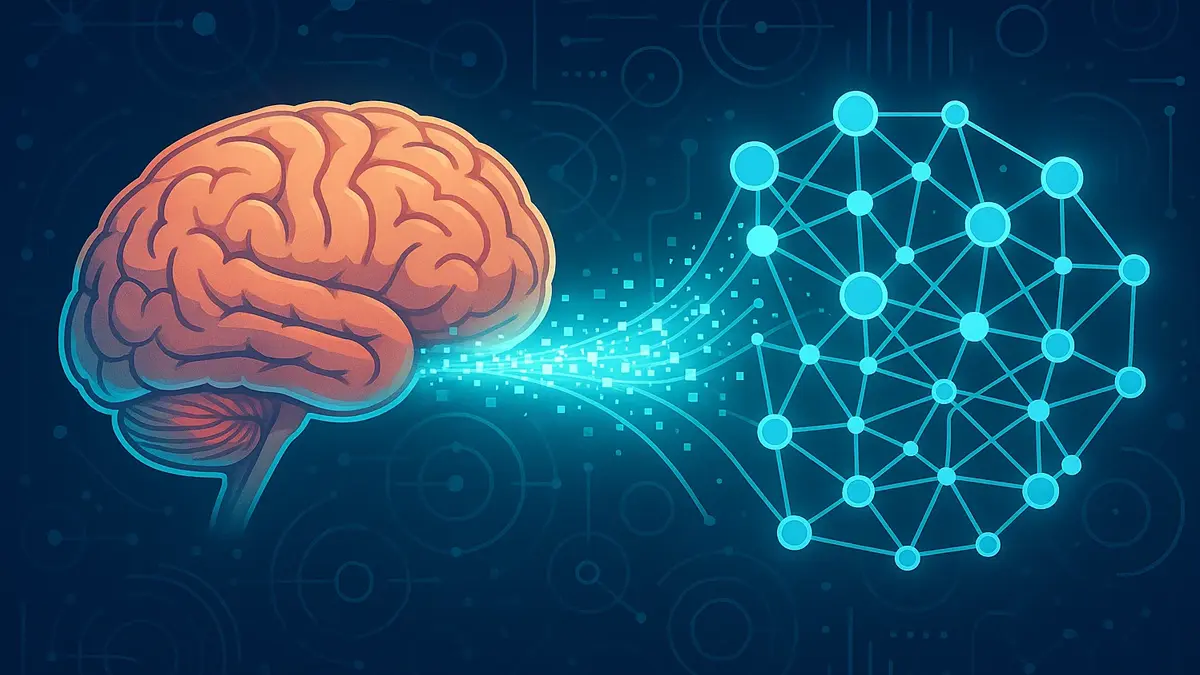 Rappresentazione visiva di un cervello e una rete neurale artificiale connessi in uno spazio condiviso