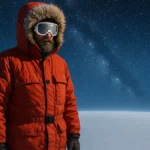 Ricercatore al Polo Sud in piedi con il cielo australe alle spalle